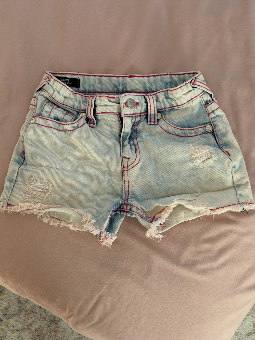 True Religion Light Wash Denim Ripped girls Shorts with Pink Stitching detail